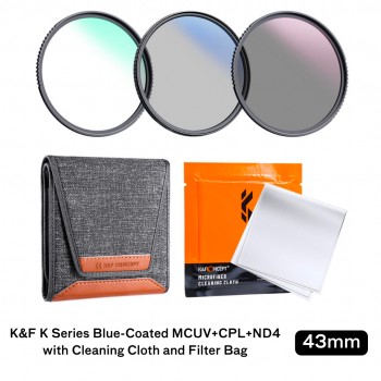 K&F 43mm K Series Blue-Coated MCUV+CPL+ND4 with Cleaning Cloth Filter Bag K&F 43mm K Series Blue-Coated MCUV+CPL+ND4 with Cleaning Cloth Filter Bag