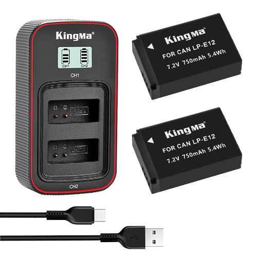 KingMa 2pcs LP-E12 Battery 1090mAh and LCD Dual Charger Kit