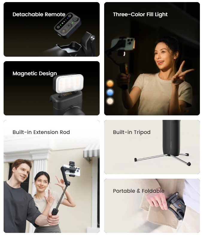 hohem Smartphone Gimbal Stabilisator – 3-assige anti-shake, afneembare afstandsbediening, 11 u batterij, draagbaar opvouwbaar ontwerp, Grijs | Digitale camera's